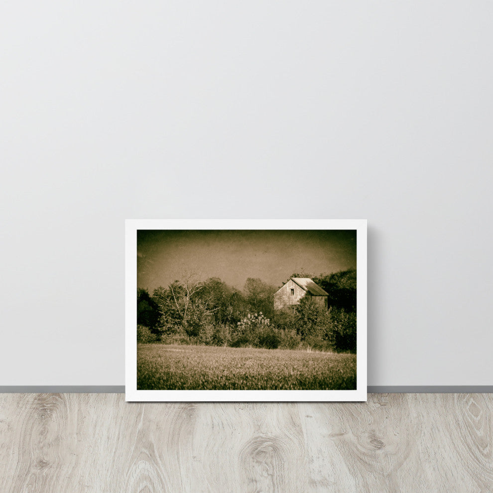 Abandoned Barn In The Trees Vintage Framed Photo Paper Wall Art Prints, White, 12" X 16"