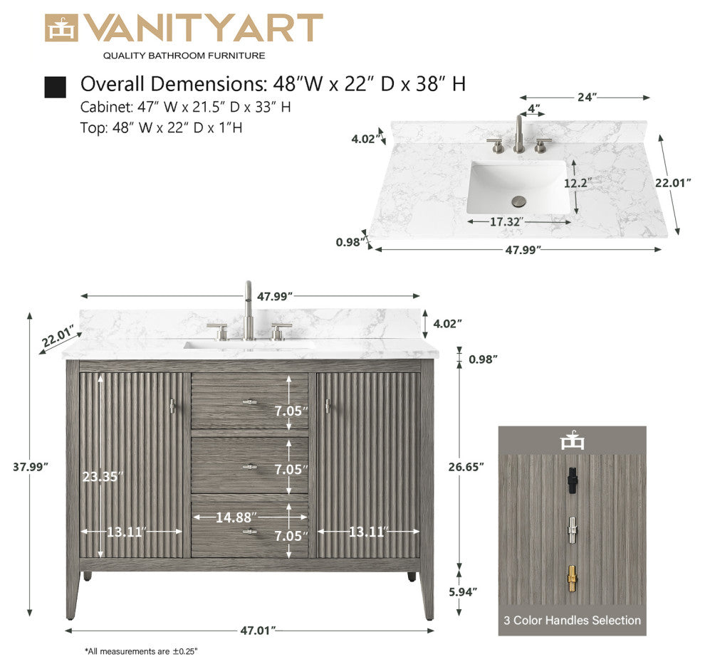 Vanity Art Freestanding Vanity, Driftwood Gray, 48", Single Sink, Golden Brushed