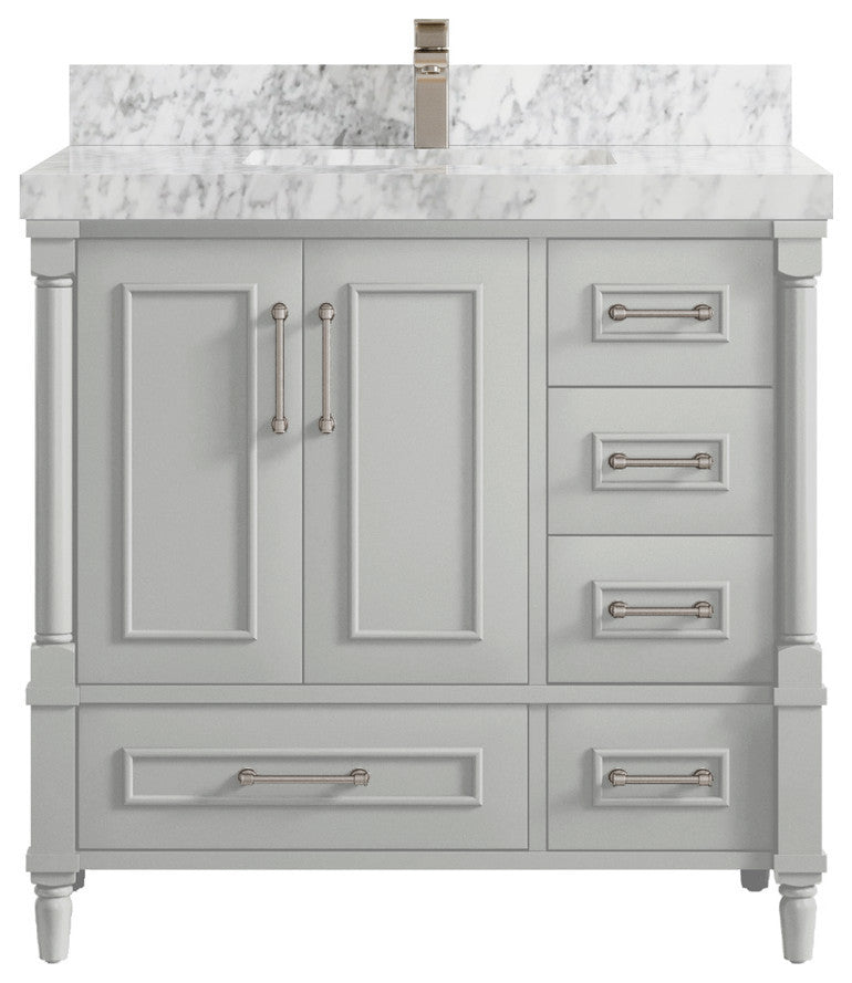 Aberdeen 36 Center Sink Bath Vanity in Coventry Gray 2" Carrara Marble