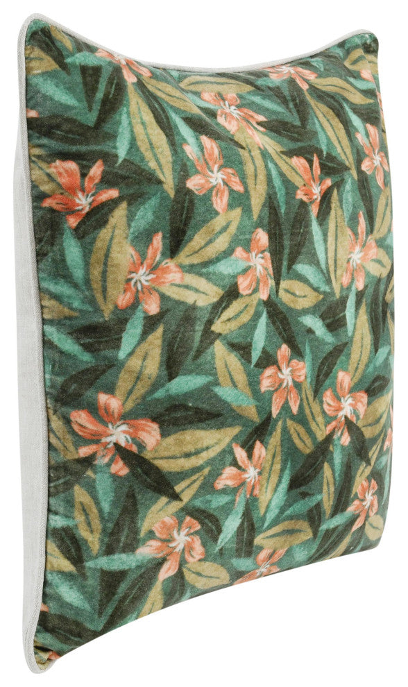 Lamia 22" Cotton Velvet Fabric Botanical Throw Pillow, Green