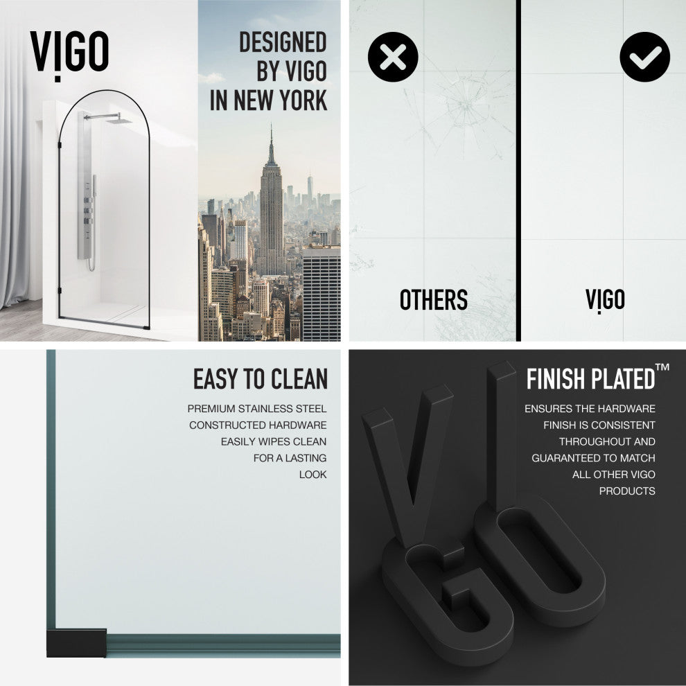 VIGO Arden 34" W x 78" H Frameless Fixed Shower Screen, Framed, Matte Black, Clear Glass
