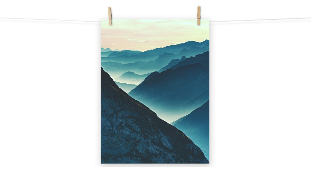Misty Blue Silhouette Mountain Range Landscape Photo Unframed Wall Art Prints, 18" X 24"