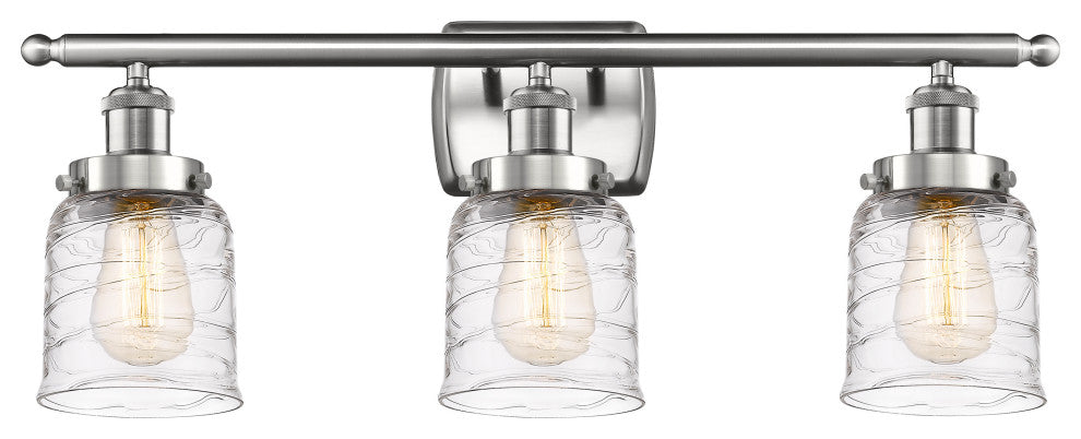 Small Bell 3 Light Bath Vanity Light, Brushed Satin Nickel, Deco Swirl