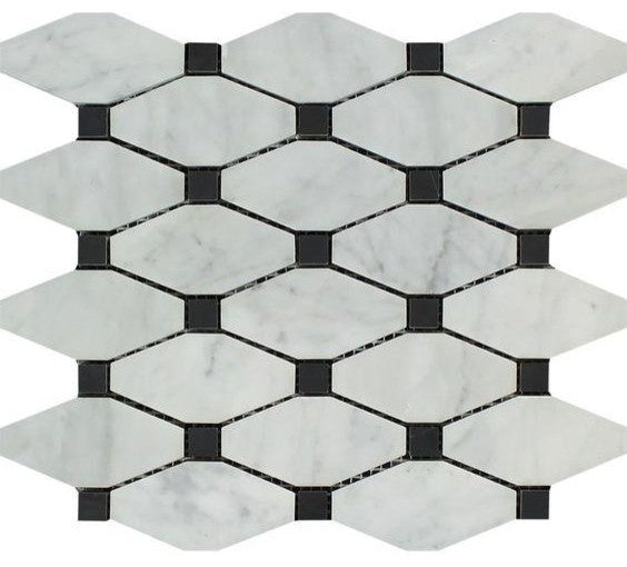 Carrara White Marble Polished Octave Pattern Mosaic Tile w/ Black Dots