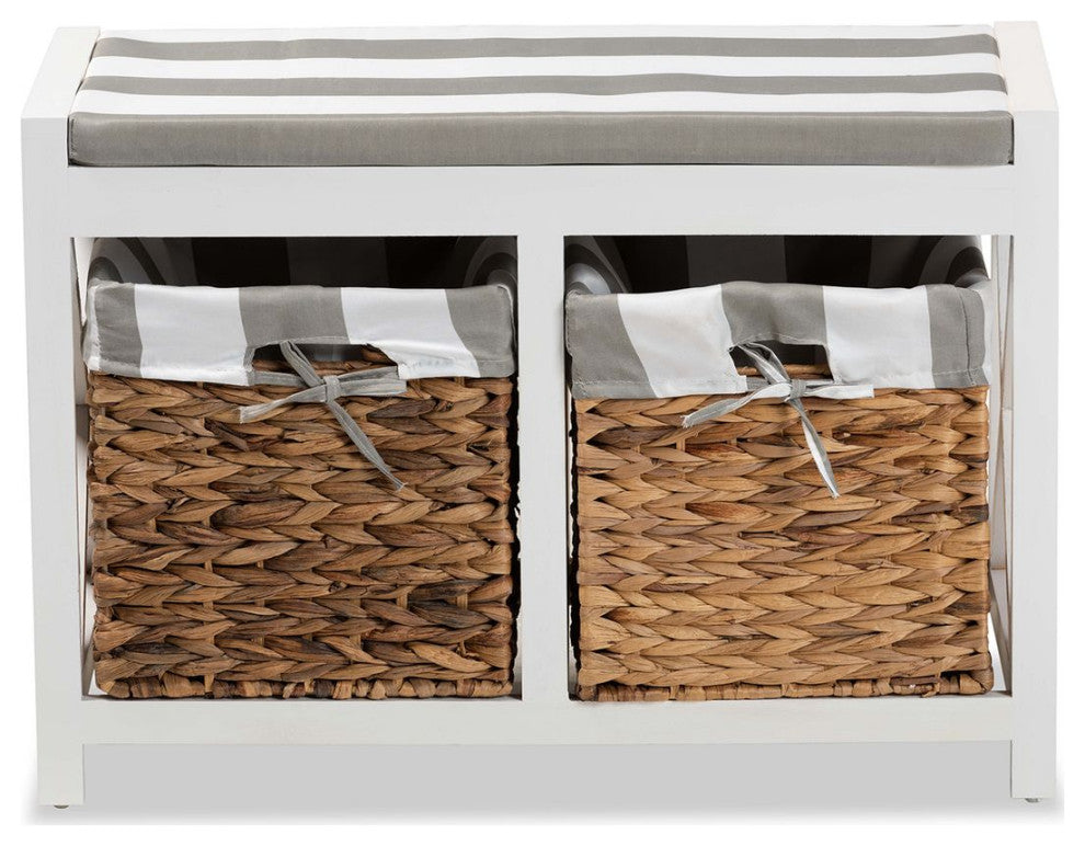 Abarne Grey and White Fabric and White Finished Wood Storage Bench with Baskets