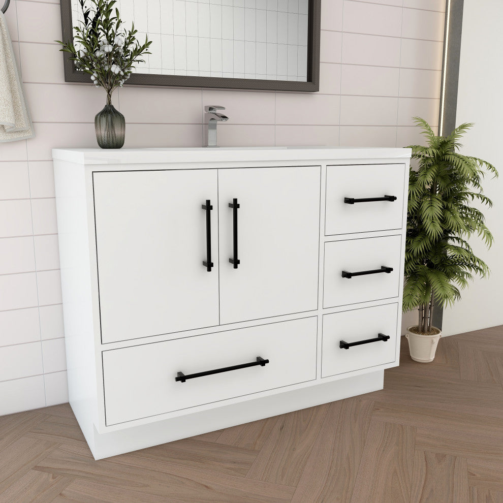 Victoria 42" Solid Wood Bath Vanity Right Side Drawers, Glossy White