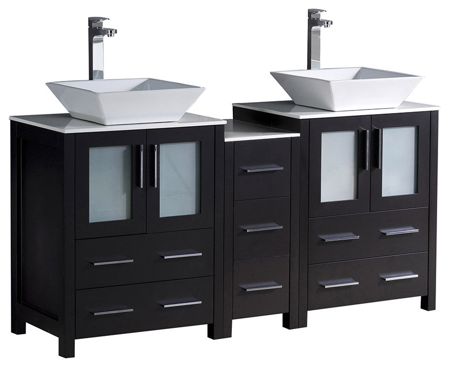 Torino 60" Double Bathroom Cabinet, Espresso, With Top and Vessel Sinks