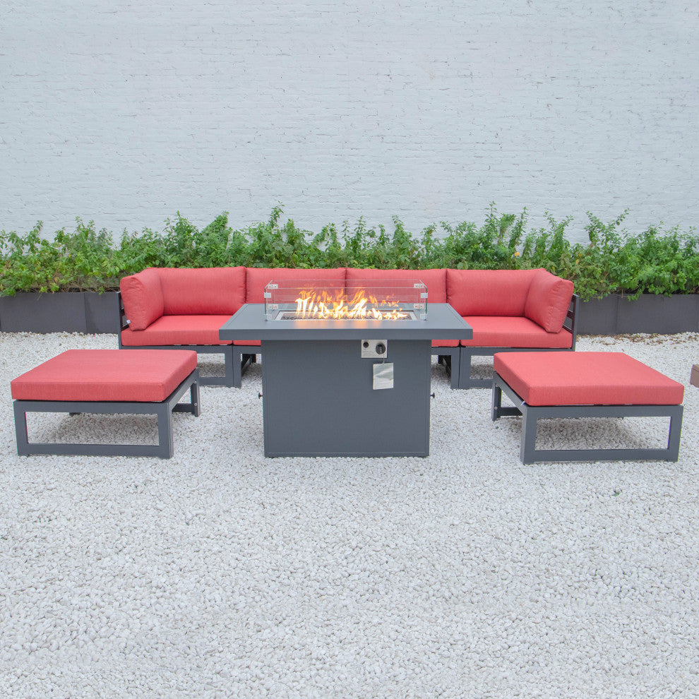 LeisureMod Chelsea 7-Piece Outdoor Sectional With Fire Pit Table, Red