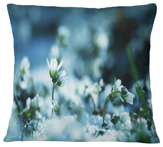 White Flowers On Blue Background Floral Throw Pillow, 18"x18"