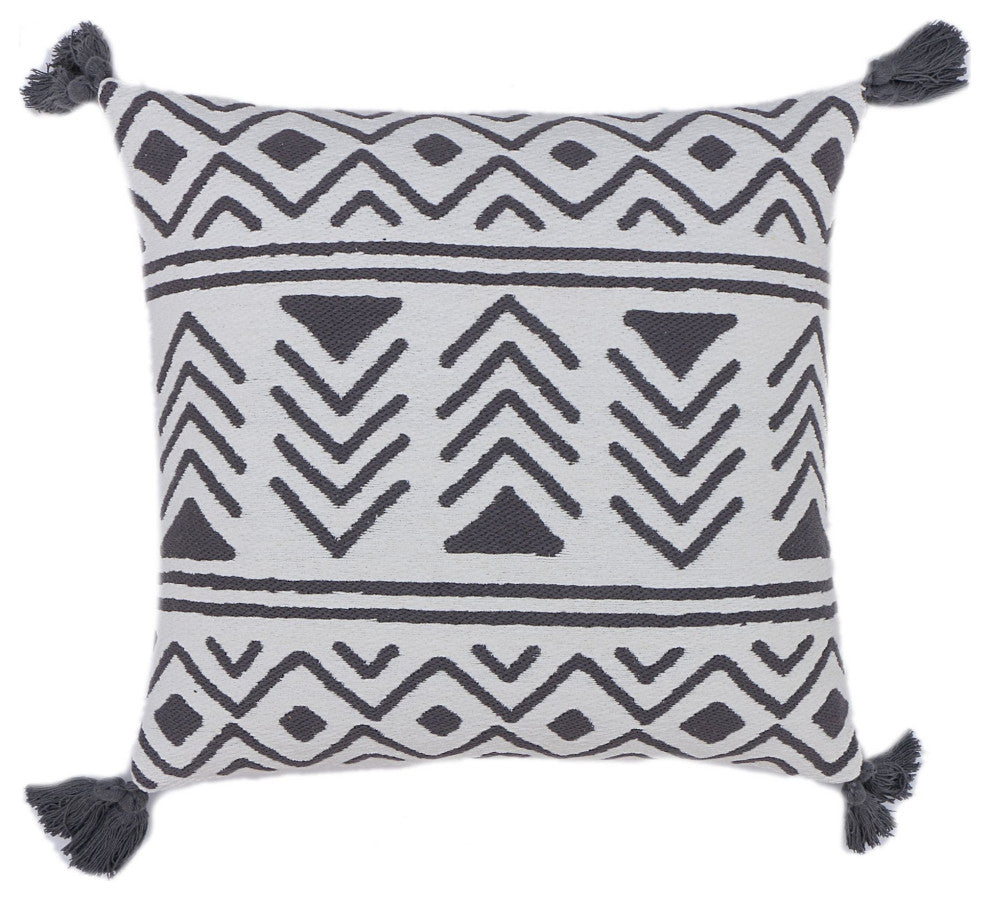 Grey Machine Woven with Tassels Merrimac Throw Pillow, 20" x 20"