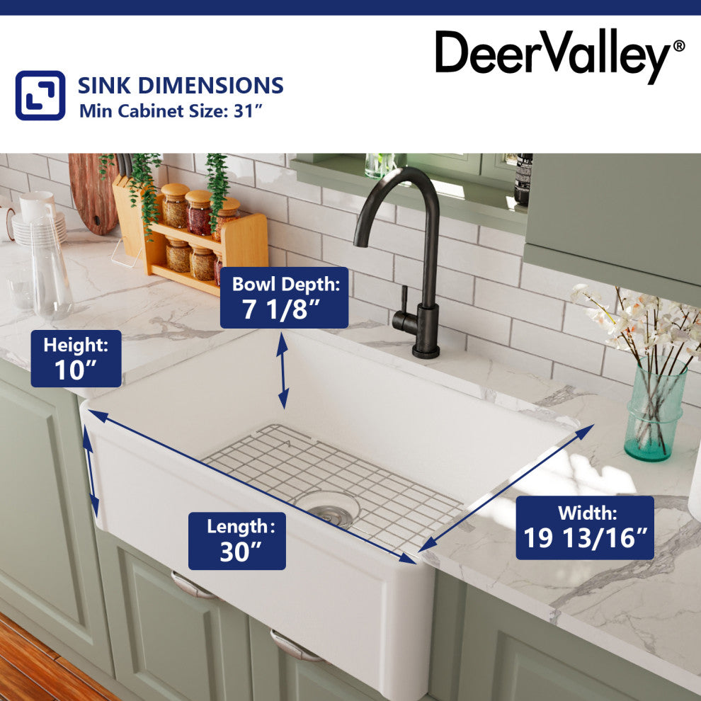 30" x 20" Farmhouse Kitchen Sink Ceramic Single Bowl With Sink Grid and Strainer