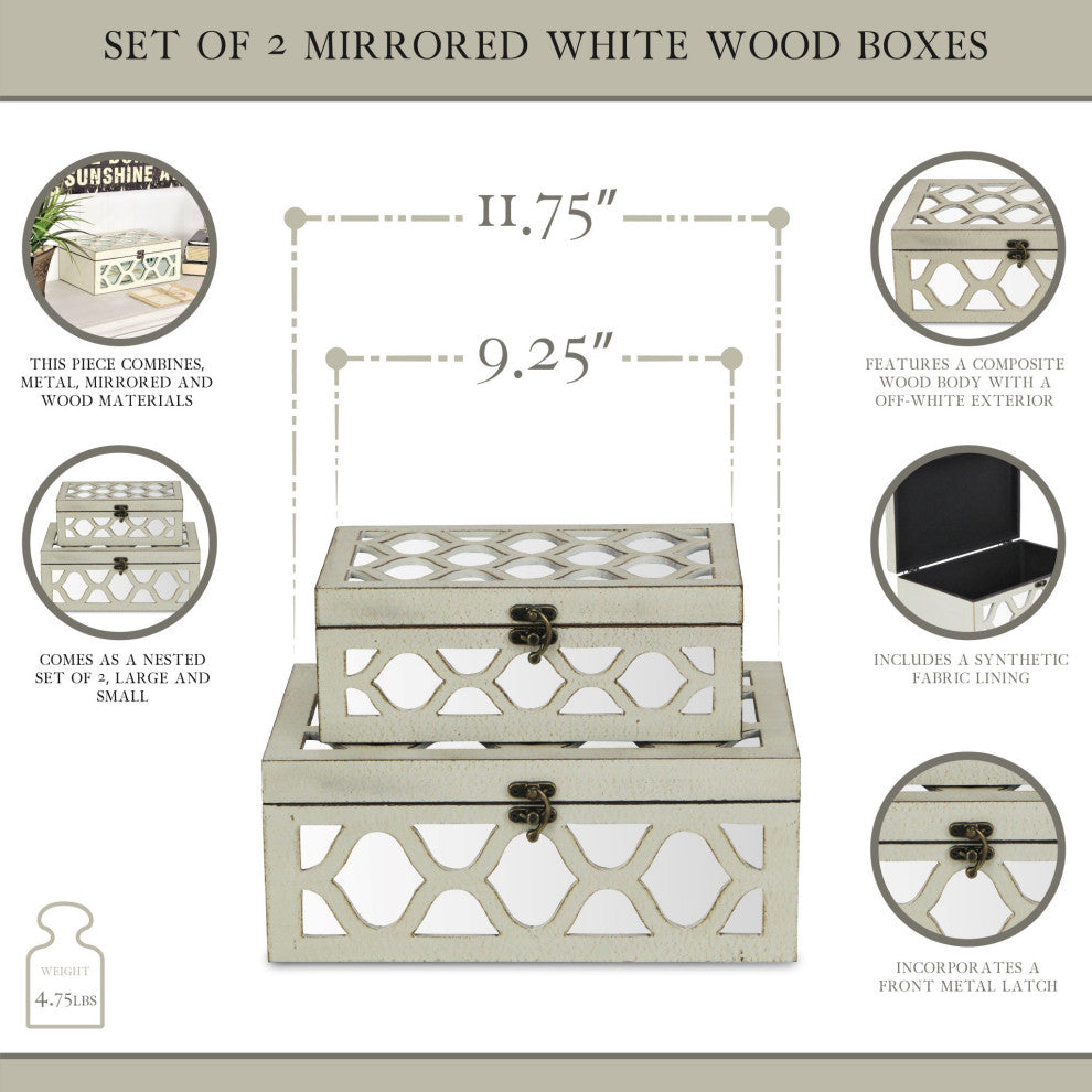 Moroccan Mirrored Wooden Boxes, Blue, Set of 2, White