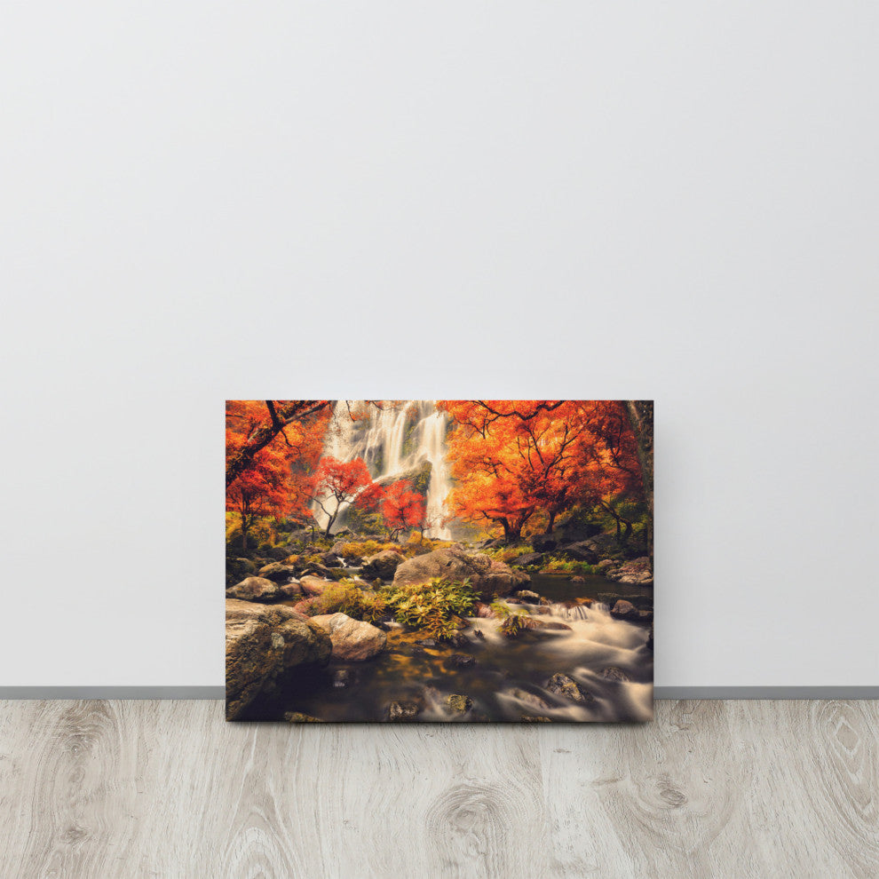 Waterfall in the Autumn Golden Shadow Effect Landscape Photo Canvas Art Print, 12" X 16"