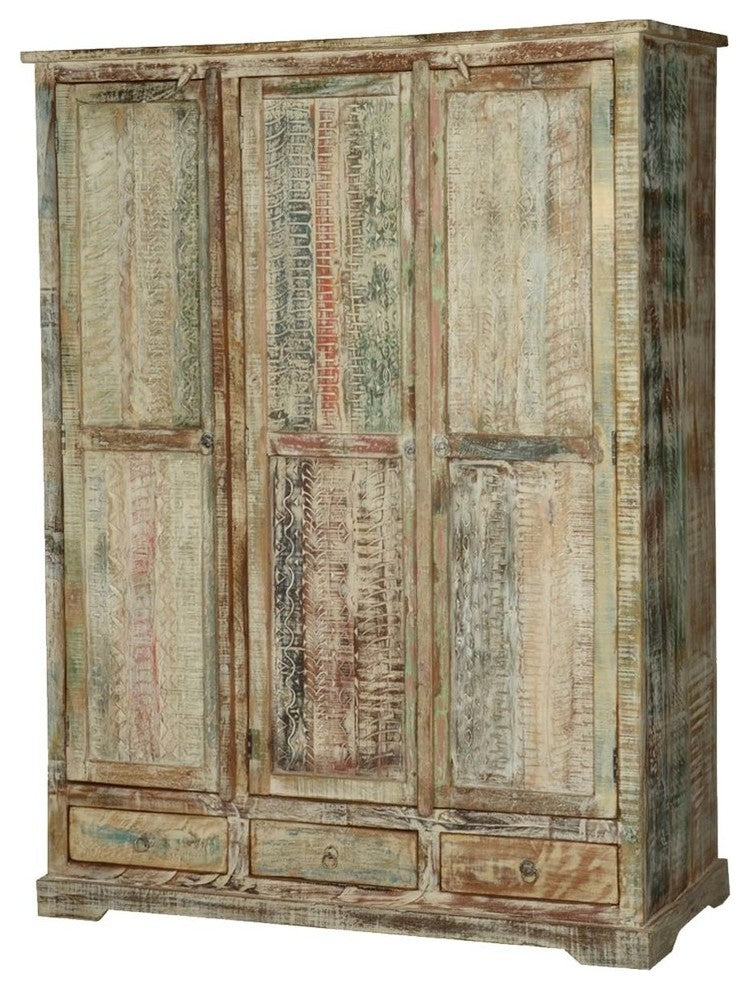 Woodsburgh Distressed Solid Wood 3 Drawer Large Wardrobe