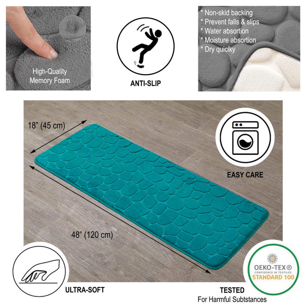 Bath Rug Memory Foam Mat 3D Pebble, Peacock Blue, Runner Mat 48"
