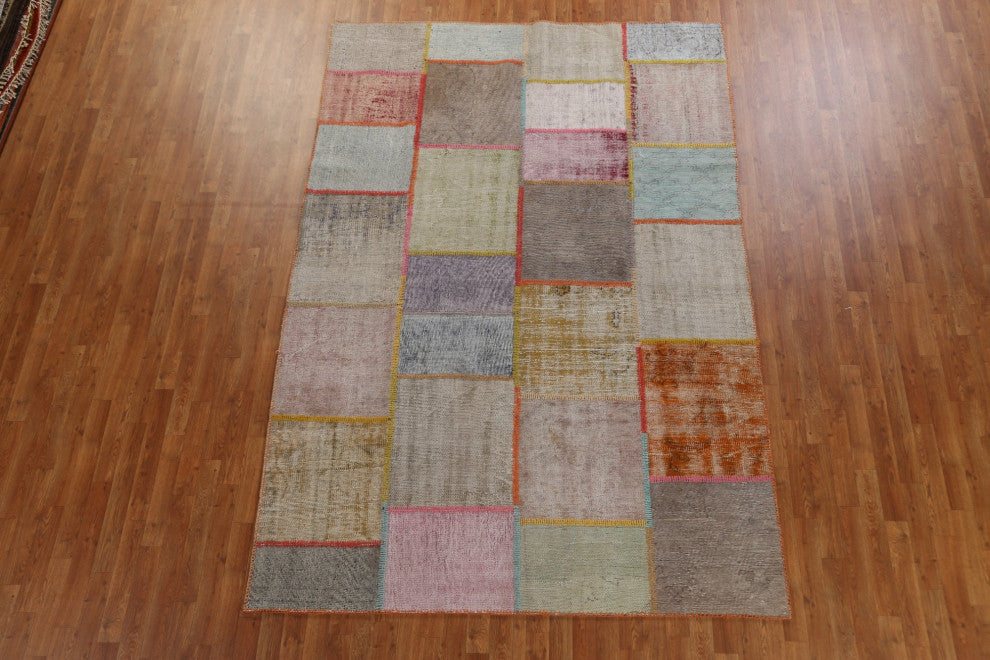 Vintage Patchwork Turkish Area Rug Hand-tufted Wool Carpet 7x10