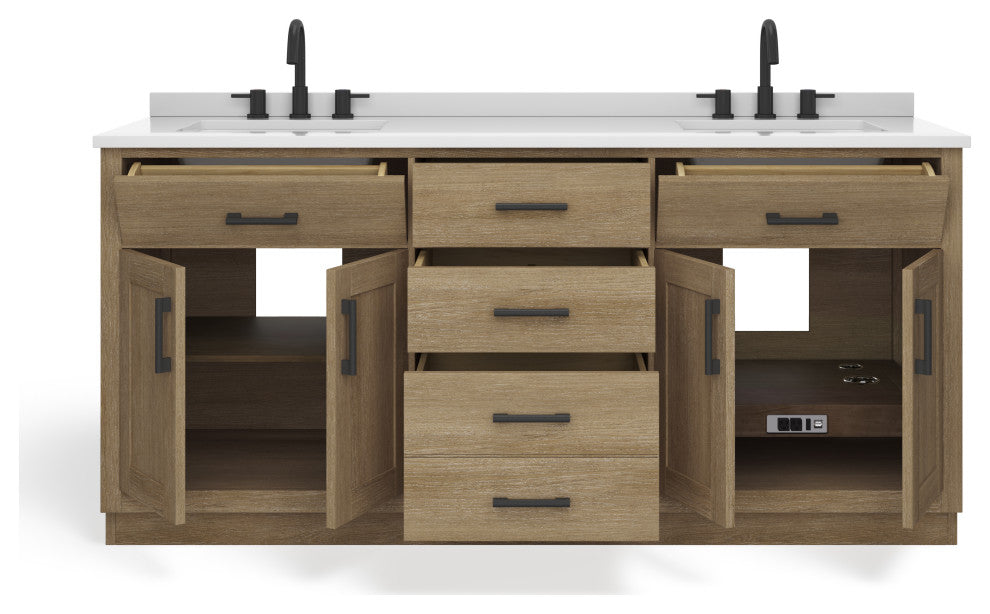 The Camille Bathroom Vanity, Driftwood Oak, 72", Double Sink, Freestanding