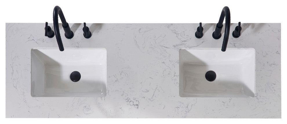 Merano Engineered Stone Vanity Top, Aosta White Apron With White Sink, 60"