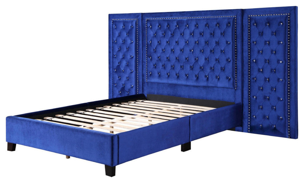 Benzara BM284036 King Size Bed, XL 3 Panel Headboard, Crystal Tufted, Blue