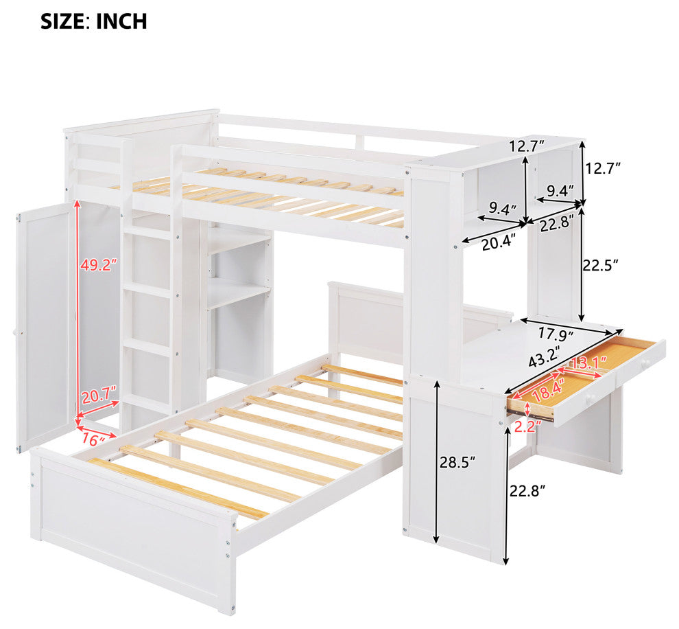 Gewnee Wood Twin size Loft Bed with Platform Bed and Wardrobe in White