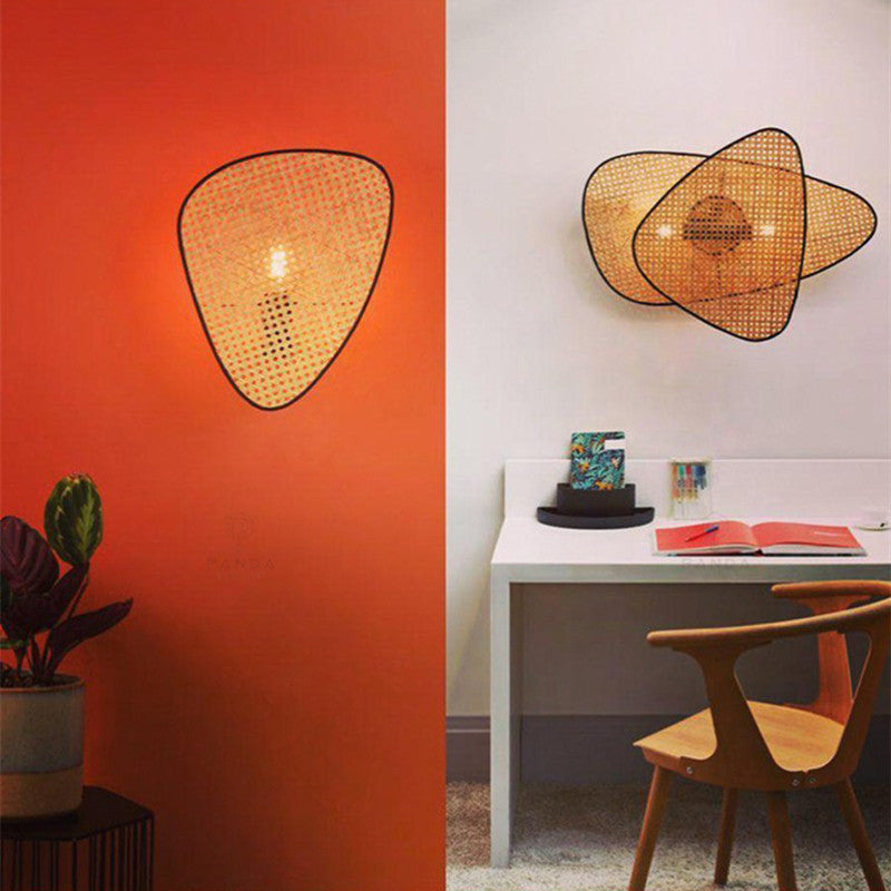 French Designer Wall Lamp with Hand Made Rattan Wicker for Bedroom, Double Head, Warm Light