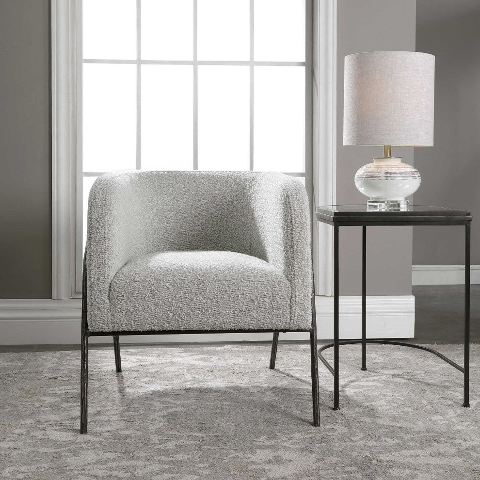 Retro Modern Gray Barrel Back Accent Chair Iron Frame Textured Fabric Scandi