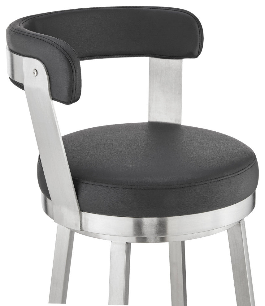 30" Chic Black Faux Leather With Stainless Steel Finish Swivel Bar Stool