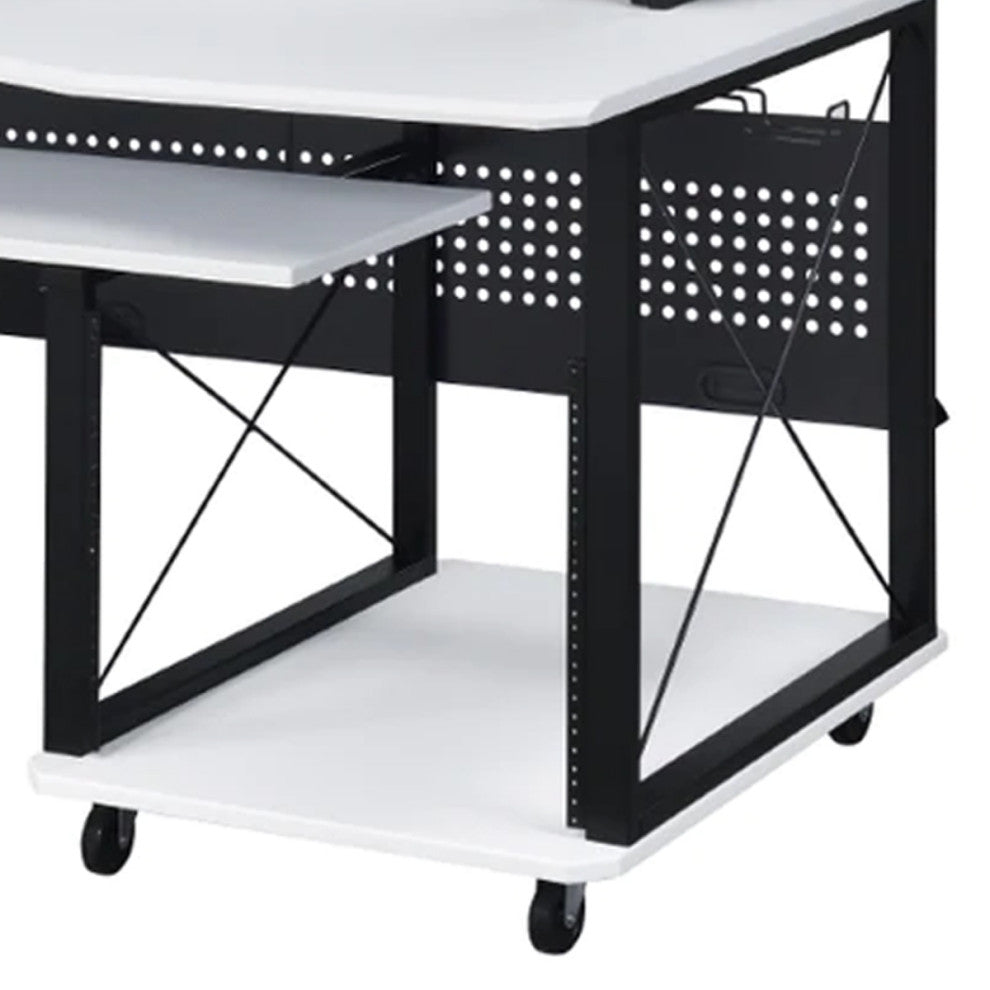 Benzara BM276206 Desk Workstation, Crossed Metal Panels, Keyboard Tray, White