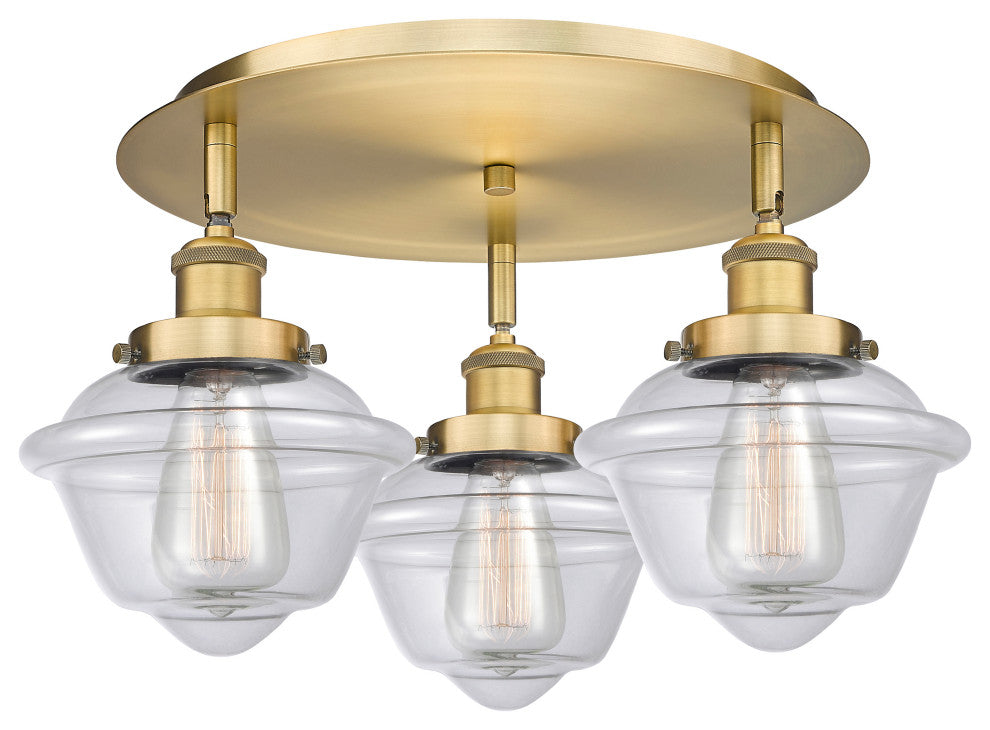 Oxford-3 Light 18" Flush Mount-Brushed Brass, Clear Glass Shade