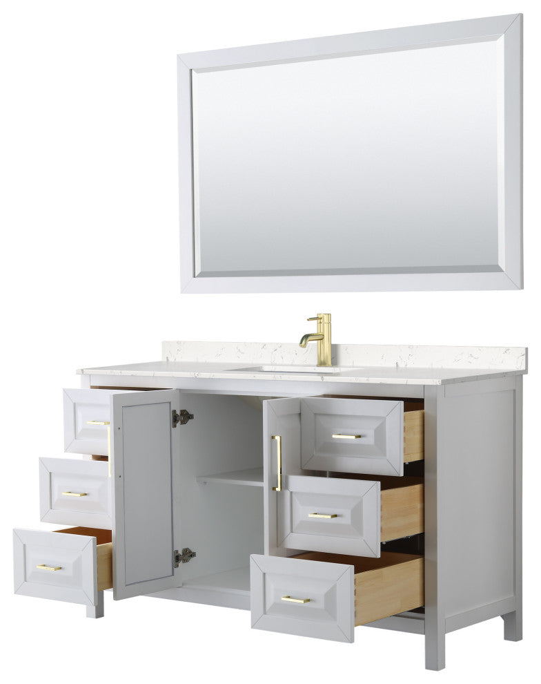 60" Single Vanity White, LV Carrara Cult. Marble Top, Sink, 58"Mirror, Gold Trim