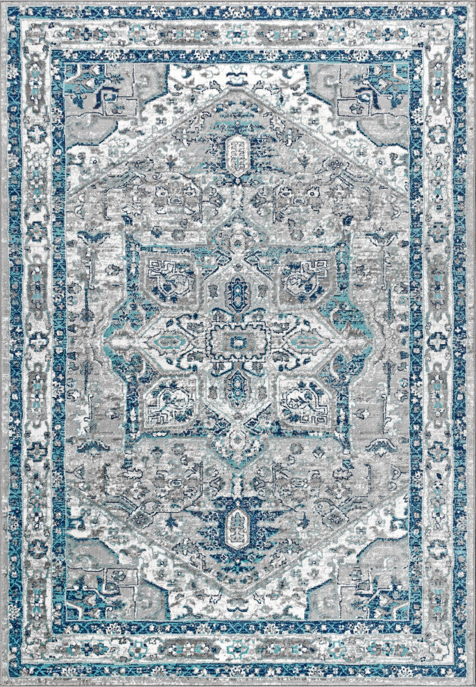 Modern Persian Vintage Medallion Area Rug, Slate, 9 X 12