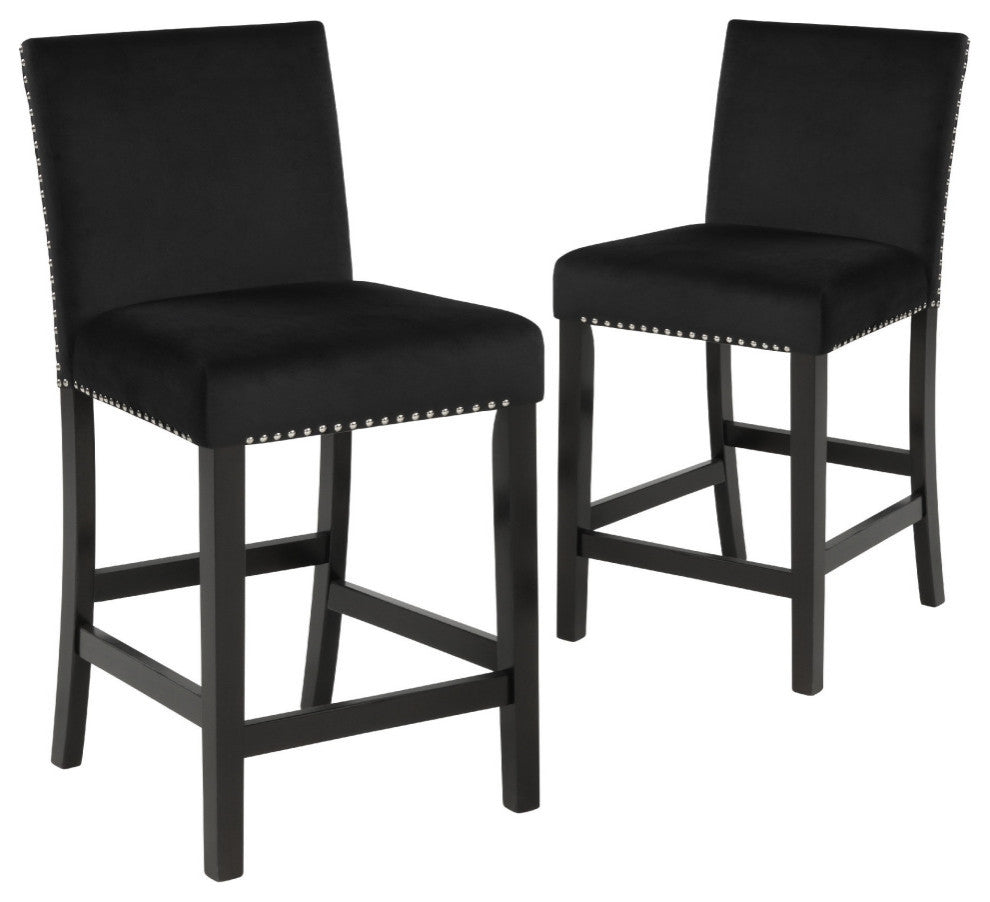 Kate 40 Inch Wooden Counter Height Chair with Velvet Seat, Set of 2, Black