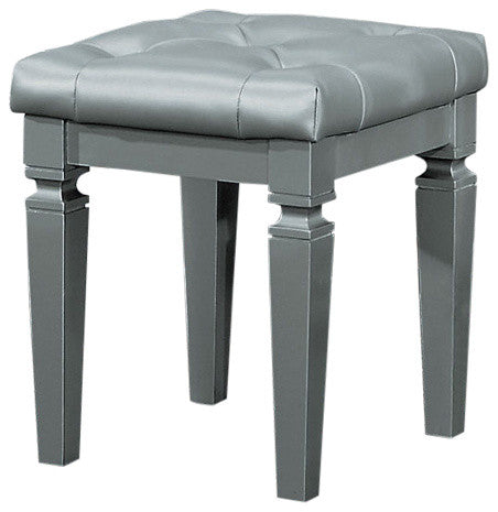 Wooden Vanity Stool With Faux Leather Tufted Seat, Gray