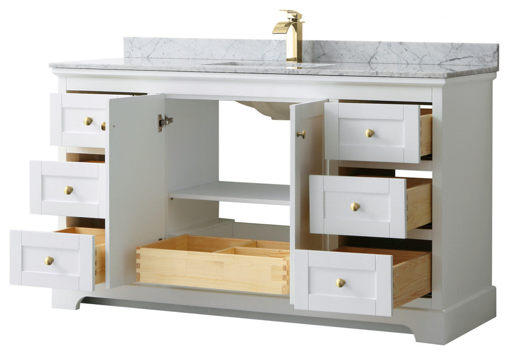 60" Single Bath Vanity, White, White Carrara Countertop, Sink, Gold Trim