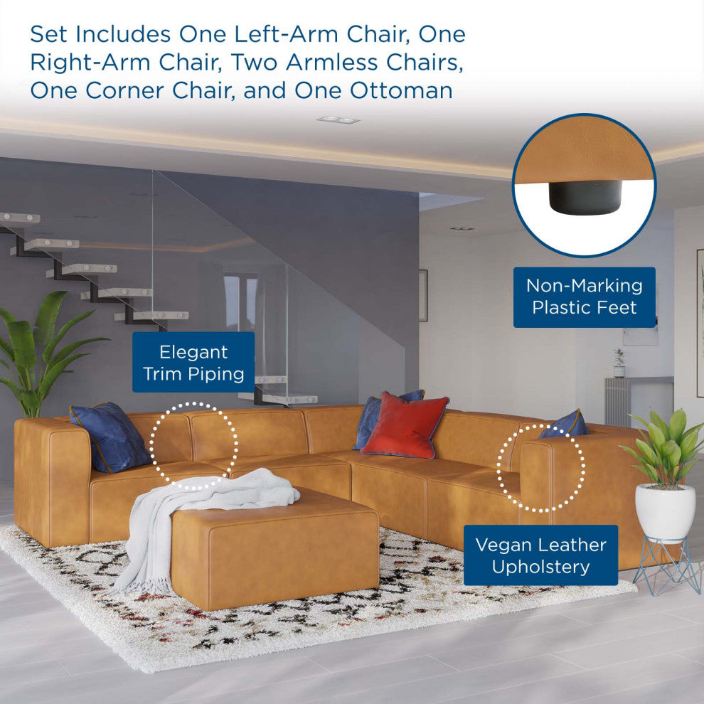 Sectional Sofa Set, Faux Vegan Leather, Tan, Modern, Living Lounge Hospitality