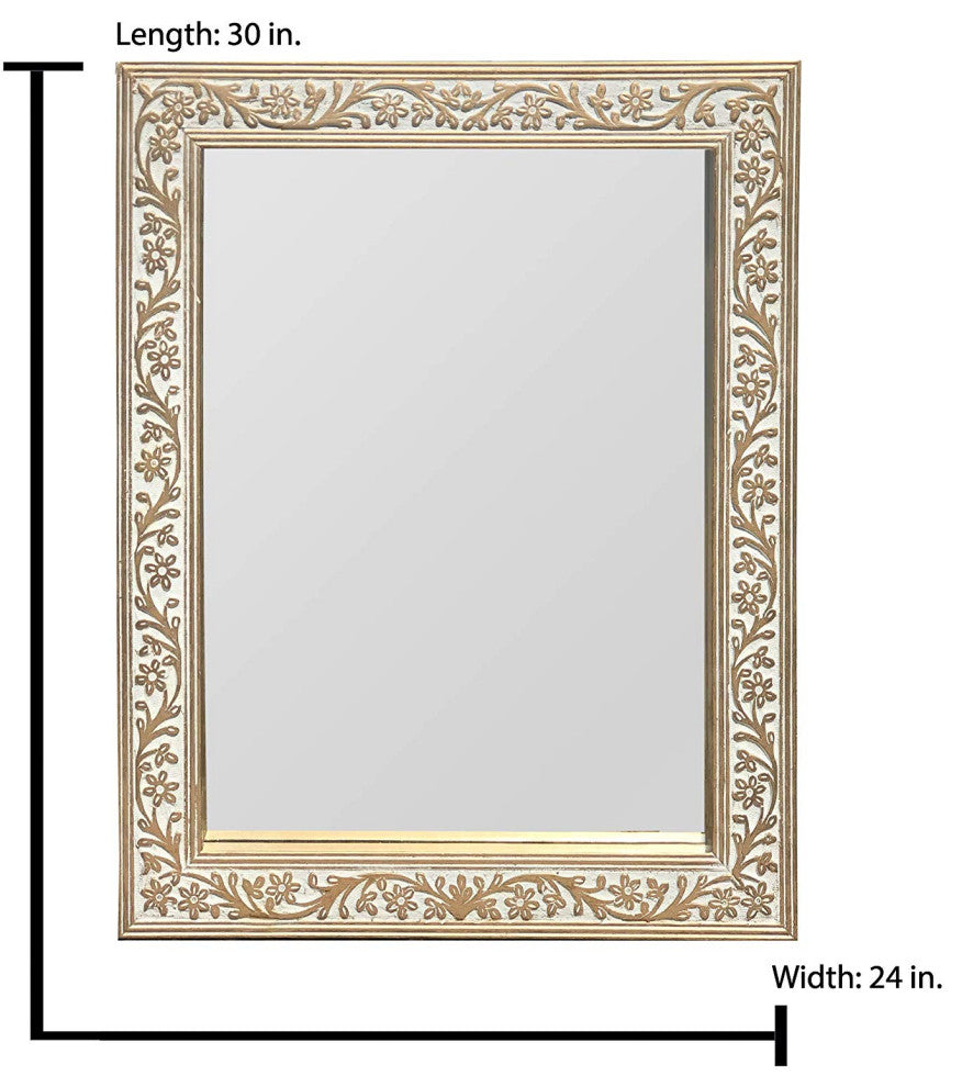 Mango Wood Rectangular Wall Mirror Vintage Carving, Rustic White, Gold Patina
