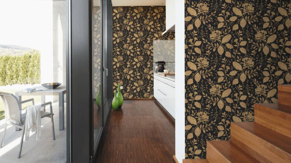 Floral Textured Wallpaper Flowers Leaves Plants, 329863, Black Gray, Sample