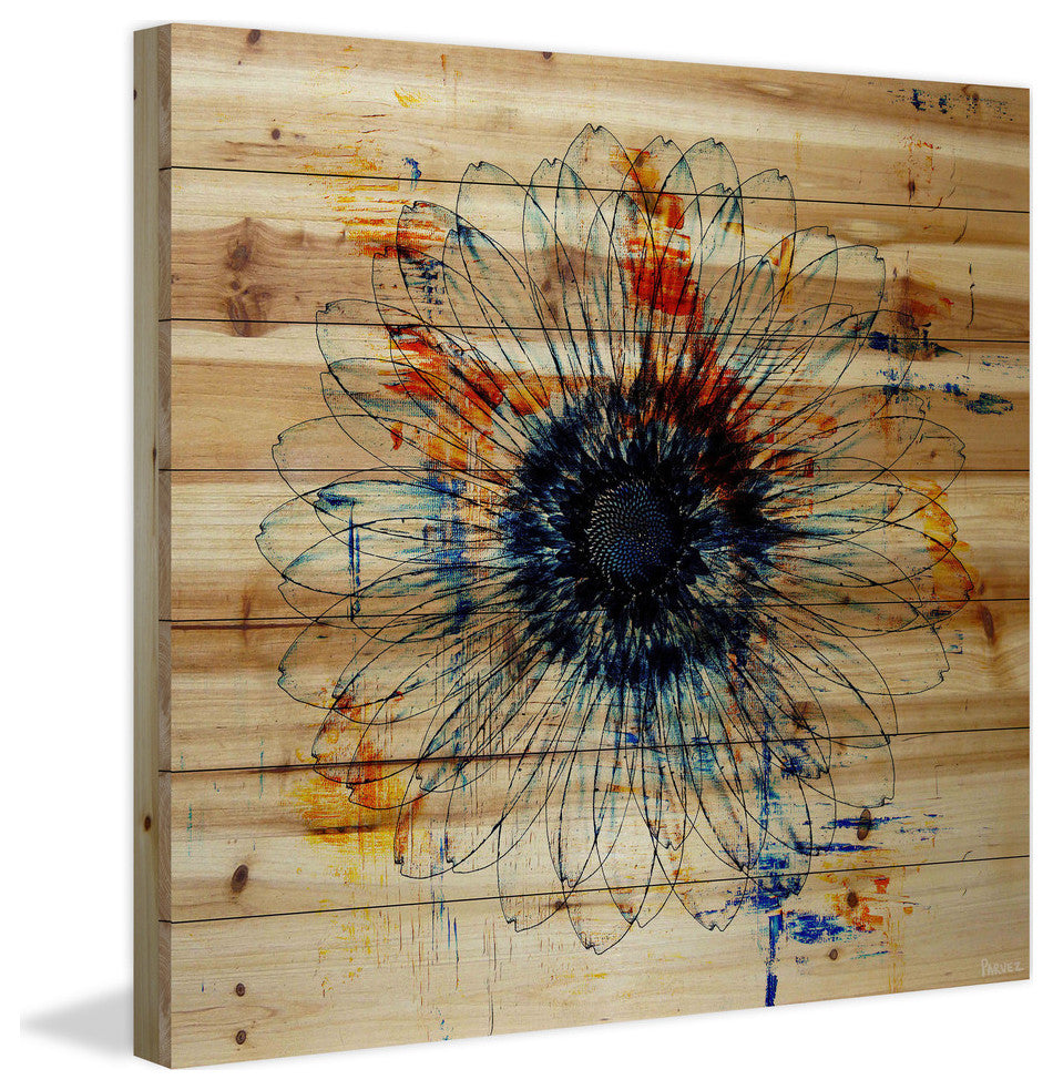 "Stencil Flower" Painting Print on Natural Pine Wood, 24"x24"