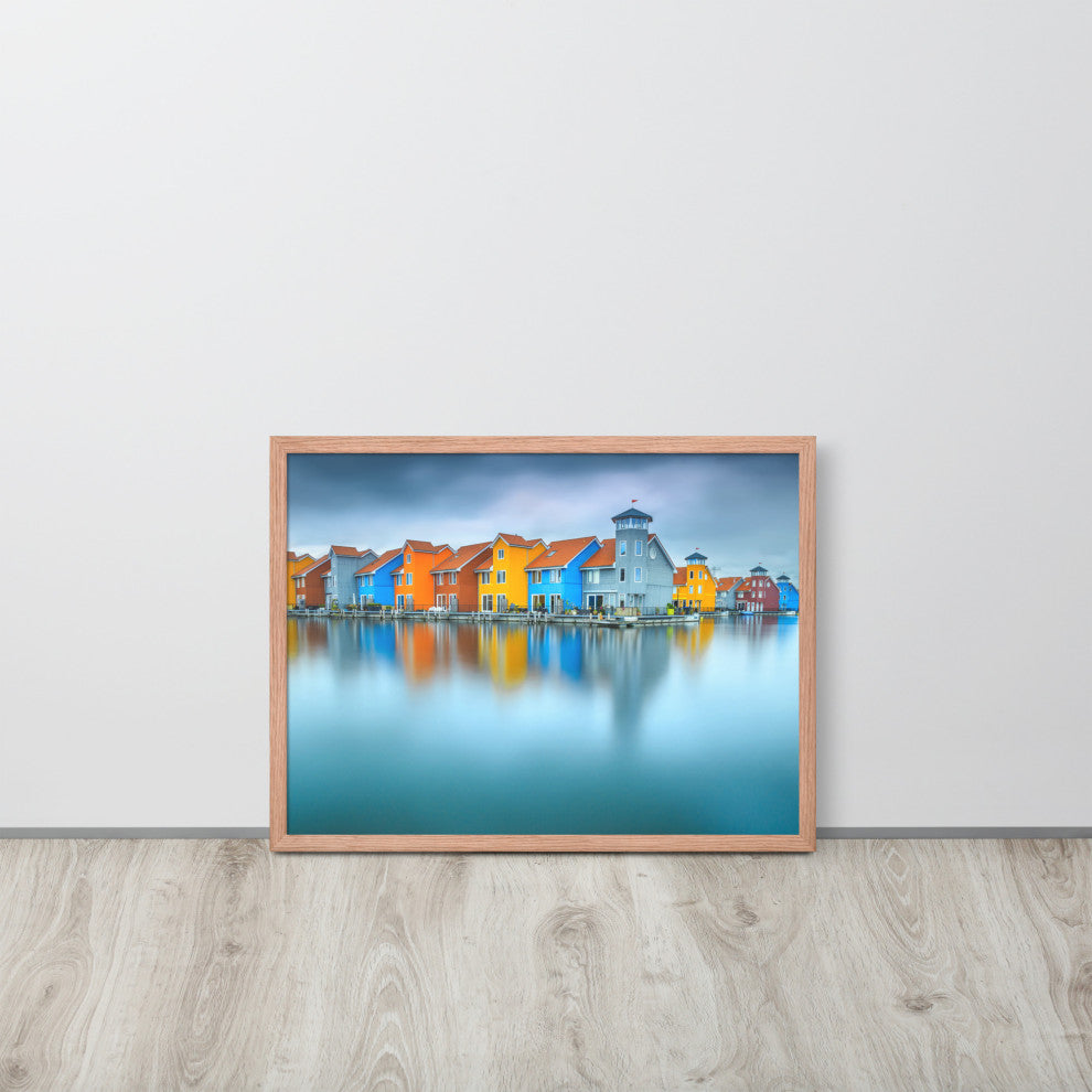 Blue Morning at Waters Edge Landscape Framed Photo Paper Wall Art Prints, Red Oak, 18" X 24"