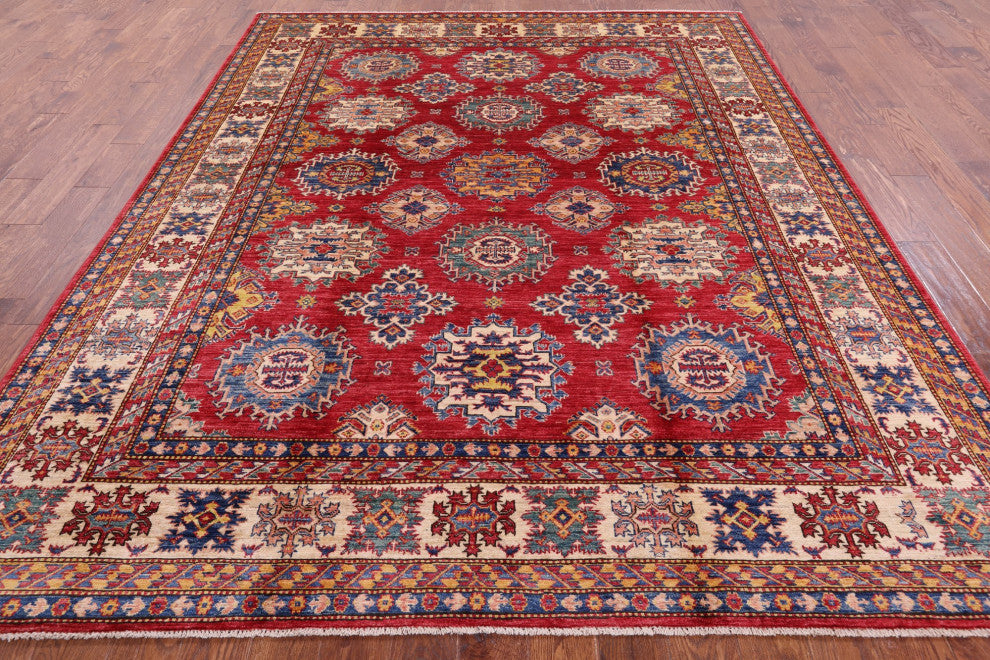 8' 0" X 9' 10" Geometric Super Kazak Hand Knotted Rug Q10606