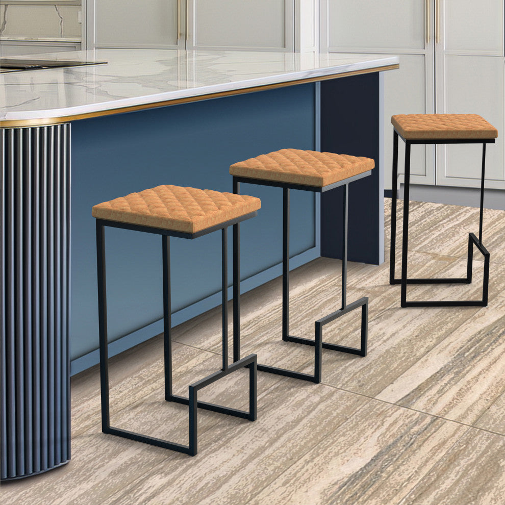 Quincy Square Barstool with Leather Seats and Metal Frame with Footrest, Light Brown