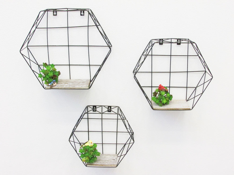 Hexagon Wall-Mounted Hanging Shelves, 3-Piece Set, Black
