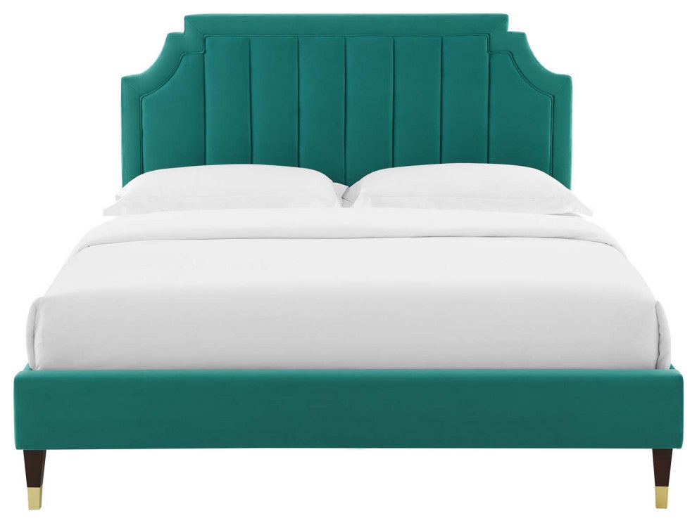 Platform Bed Frame, King Size, Velvet, Teal Blue, Modern Contemporary, Bedroom