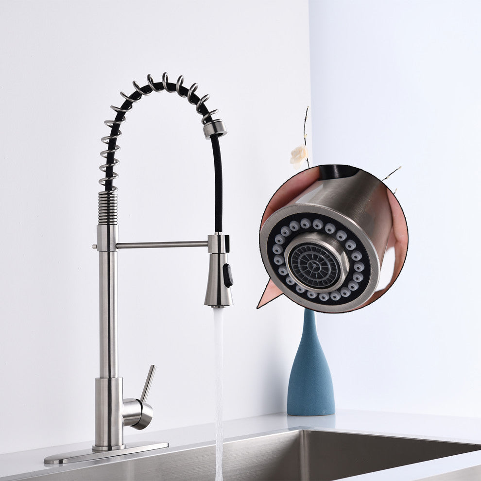 Single Handle Deck Mounted Spring Neck Pull Down Kitchen Faucet with Sprayer, Br
