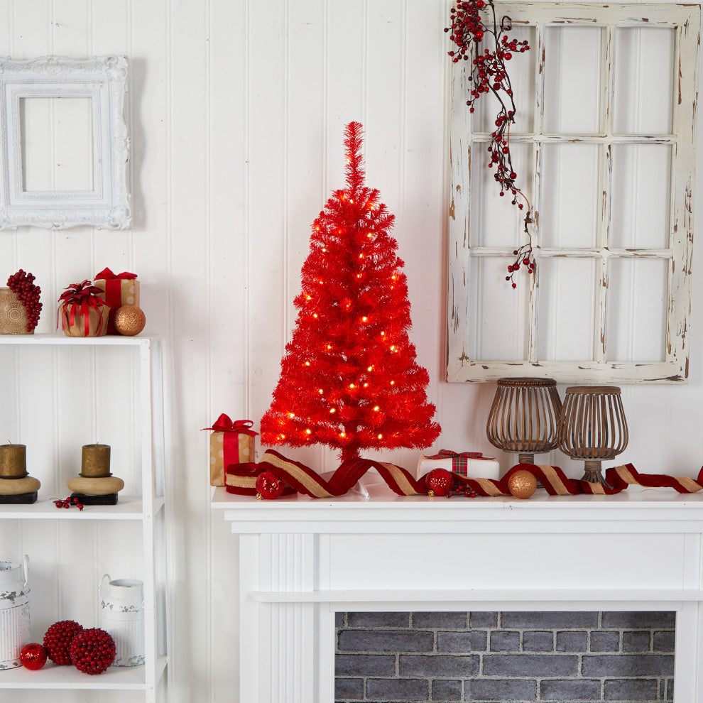 3' Red Artificial Christmas Tree With 50 LED Lights and 118 Bendable Branches