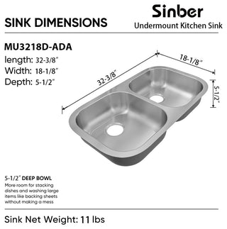 Sinber 32" Undermount Double Bowl 304 Stainless Steel Kitchen Sink