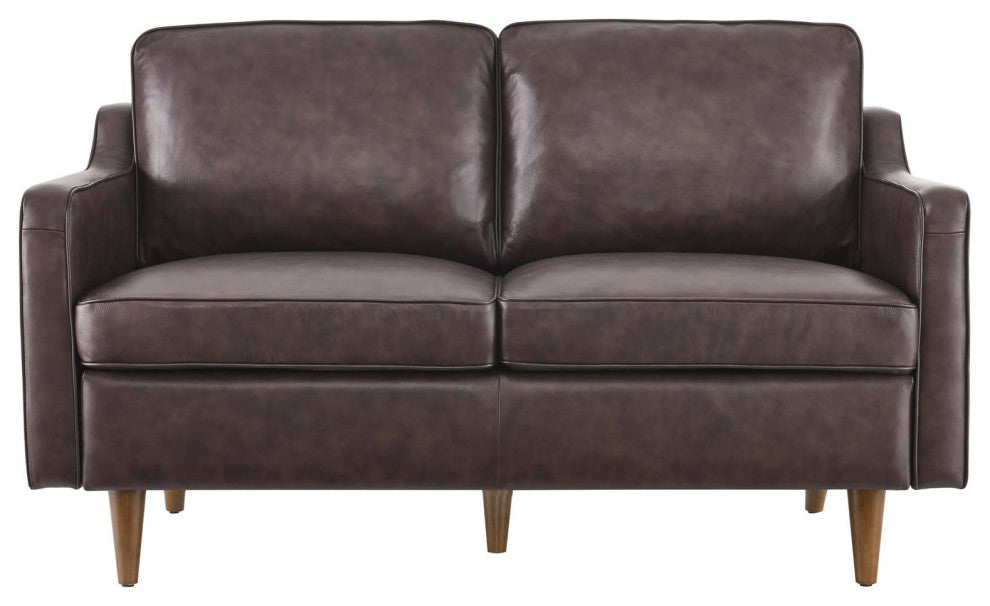 Loveseat Sofa, Brown, Leather, Modern, Mid Century Hotel Lounge Cafe Lobby