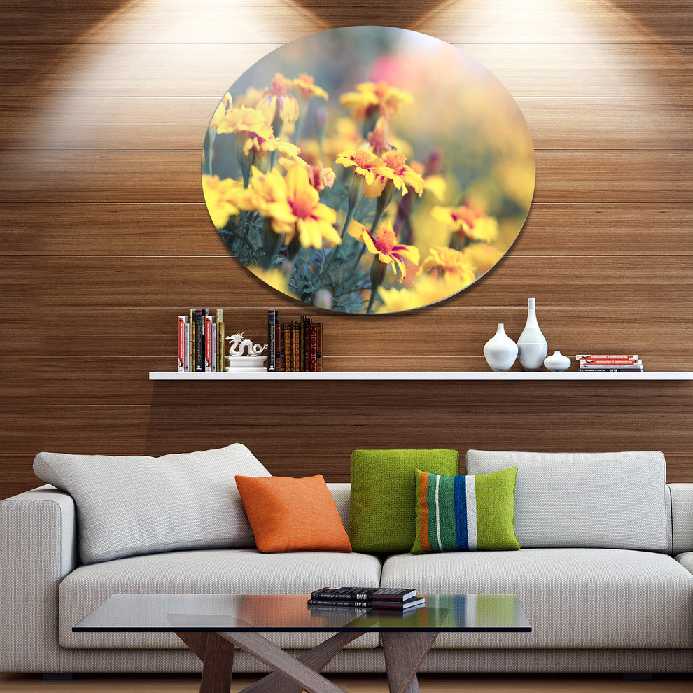 Pale Yellow Marigold Flowers, Floral Disc Metal Wall Art, 36"