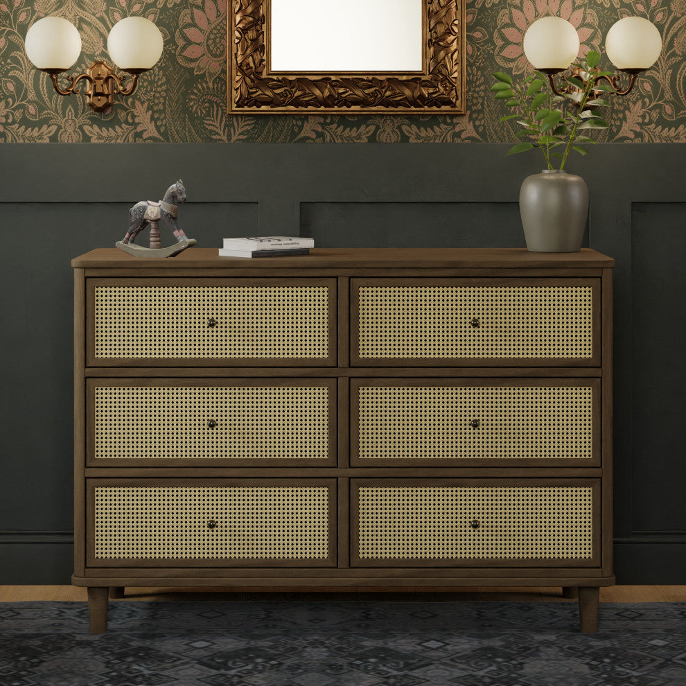 Marin With Cane 6 Drawer Assembled Dresser, Natural Walnut/Blonde Cane