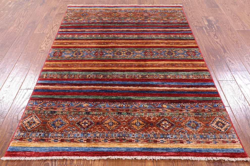 4' 2" X 6' 0" Hand-Knotted Super Kazak Khorjin Wool Rug Q5232